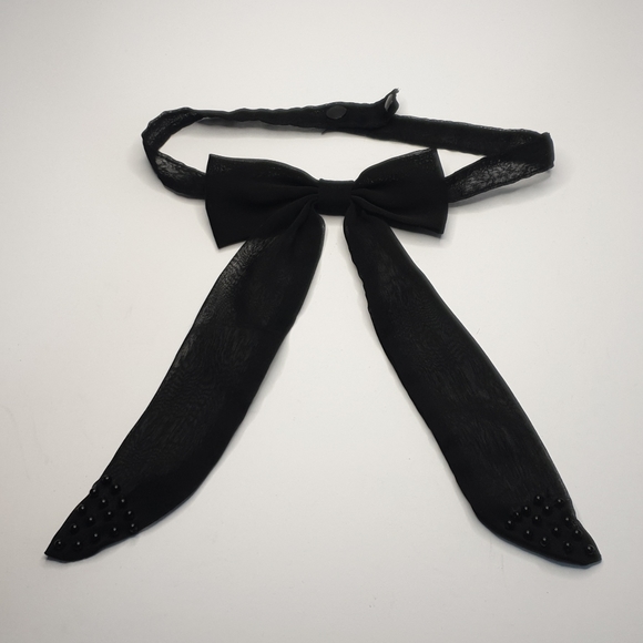 Black button up Bow collar Sheer material beaded - Picture 12 of 14